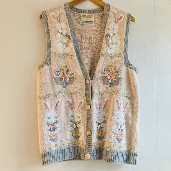 Marisa Christina Sweaters - VTG 90s Marisa Christina Sweater Vest Easter Bunny Eggs Embroidered Handknit XL